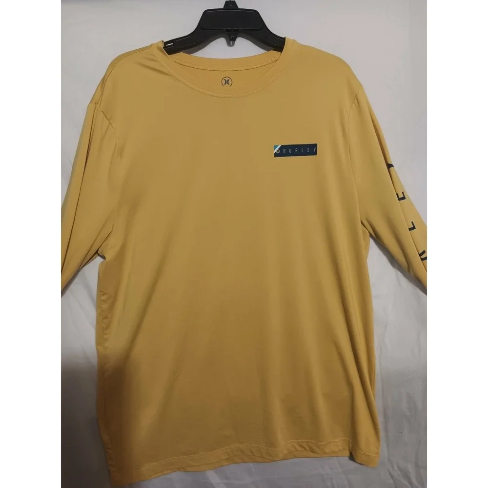 Hurley Yellow Extra Long Graphic Rash Guard Athletic Crew Neck Shirt Sz XL
